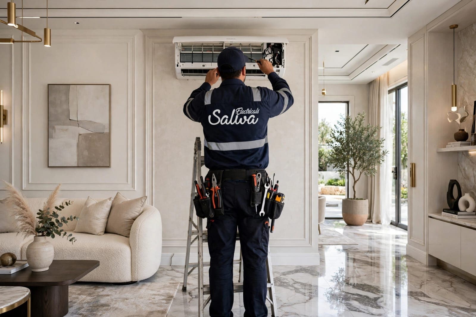 Salwa Electricals technician servicing a wall-mounted air conditioner