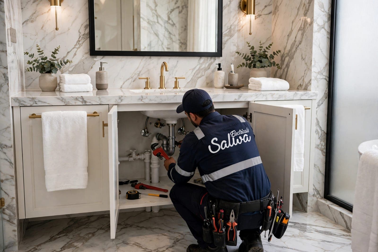 Salwa Electricals technician repairing pipework under a bathroom sink