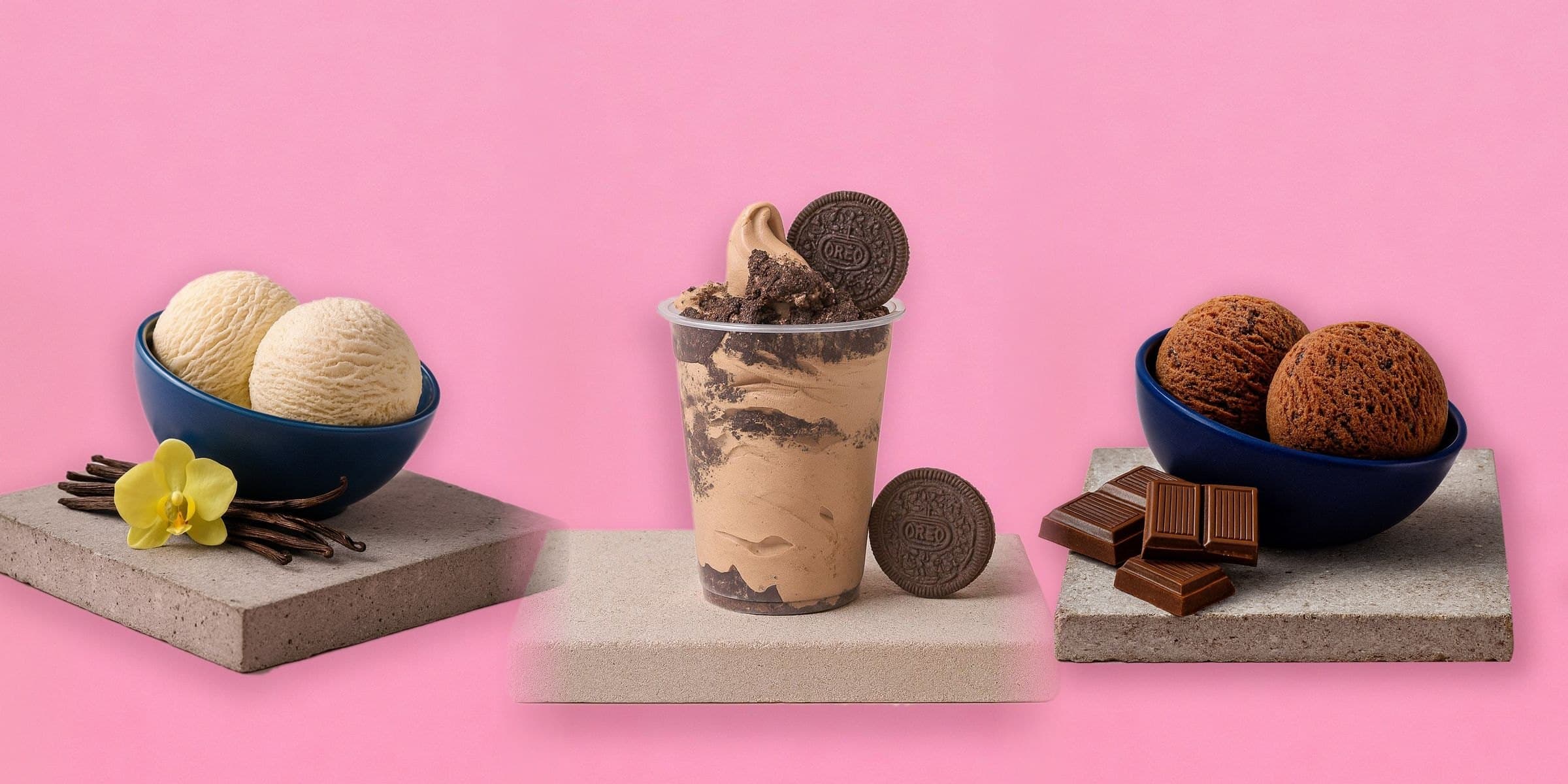 Vanilla scoops, an Oreo chocolate cup and chocolate scoops on a pink backdrop