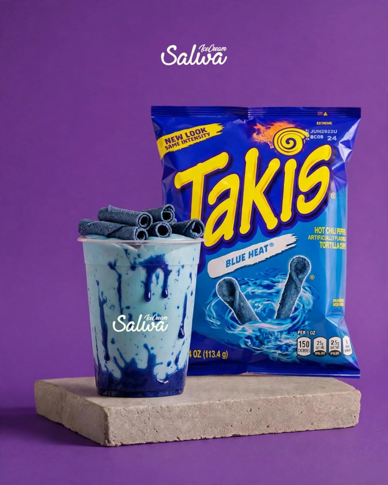 Blue ice cream cup topped with Takis Blue Heat chips
