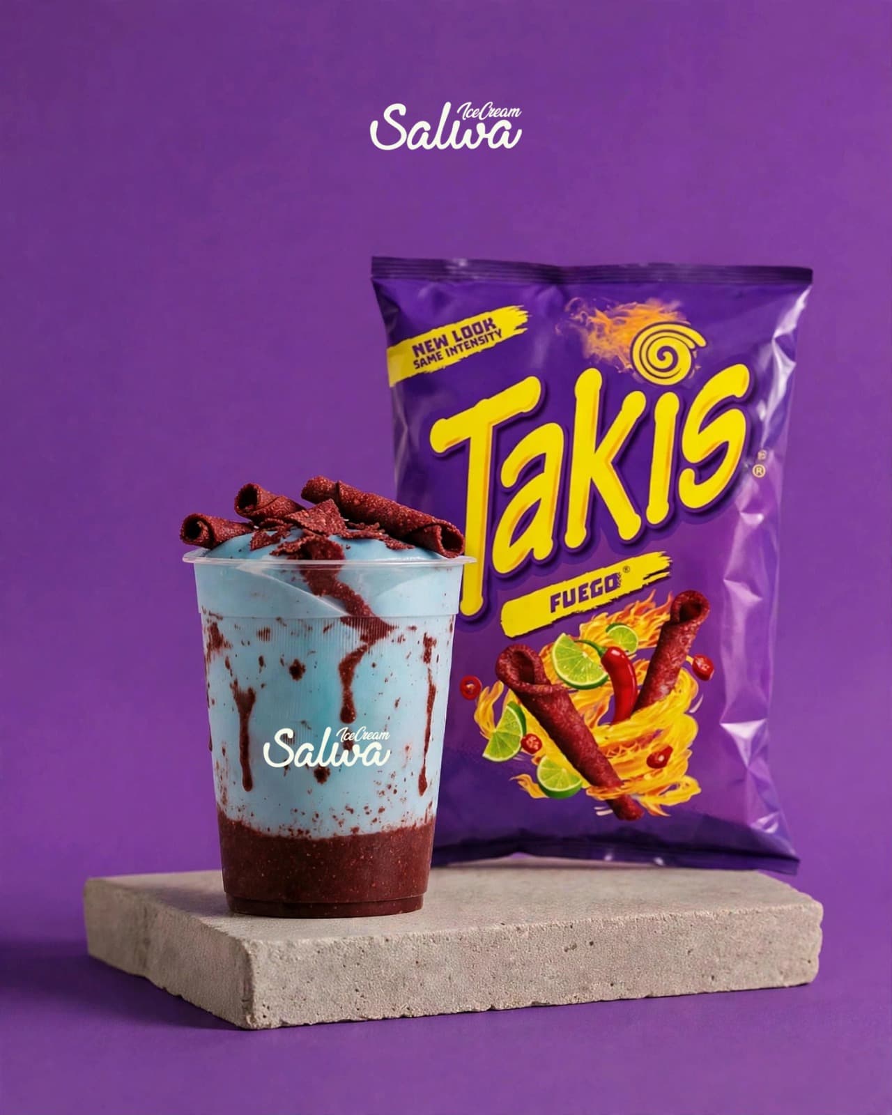Blue ice cream cup topped with Takis Fuego chips