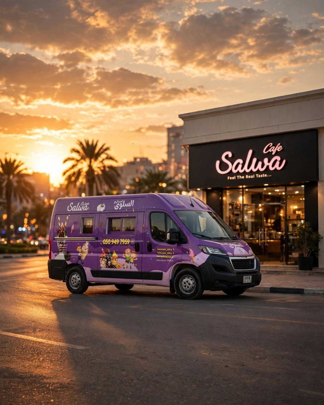 The purple Salwa Ice Cream van parked outside Salwa Café at sunset
