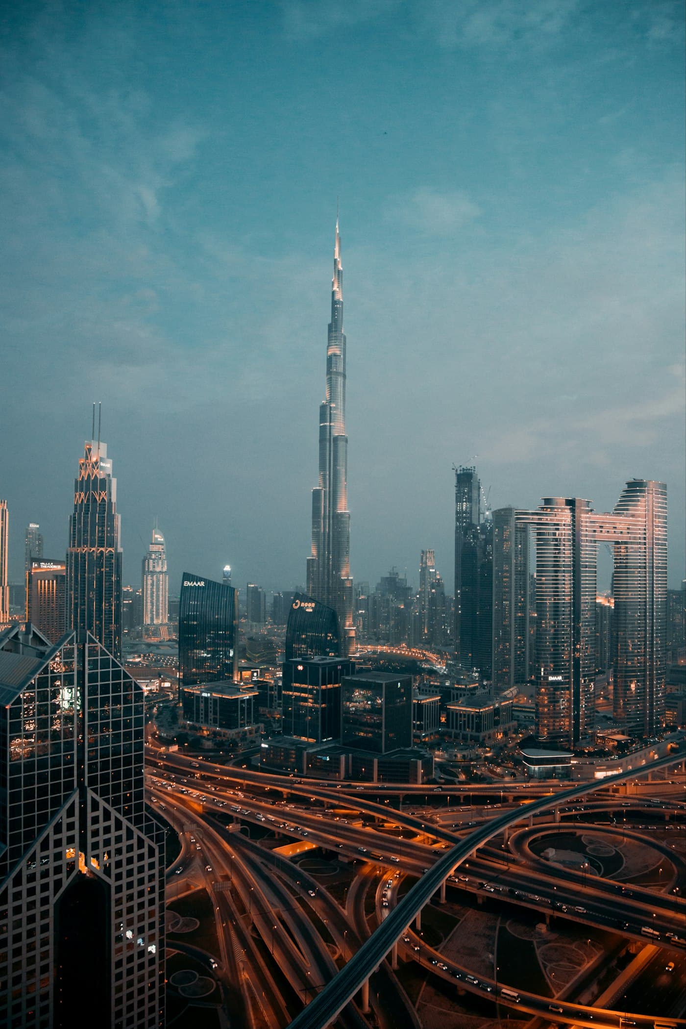 The Burj Khalifa rising above Downtown Dubai at dusk